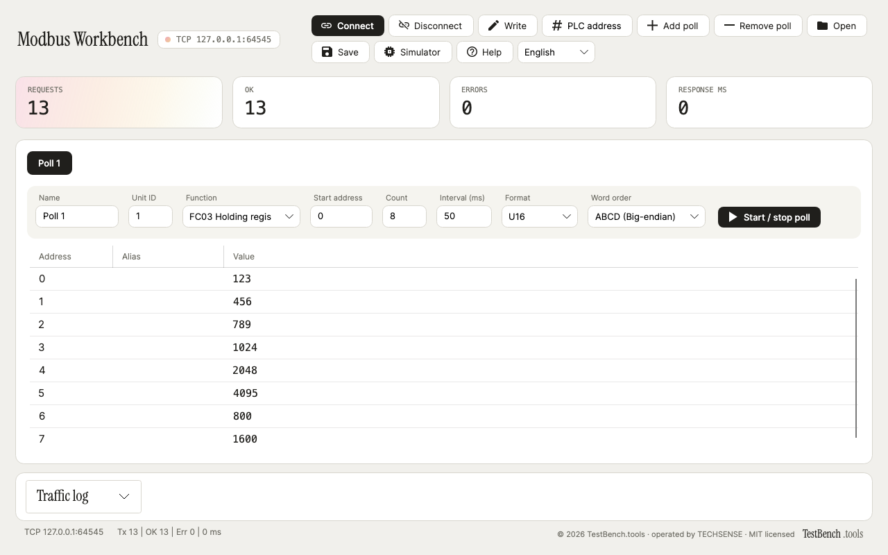 Modbus Workbench — desktop app screenshot