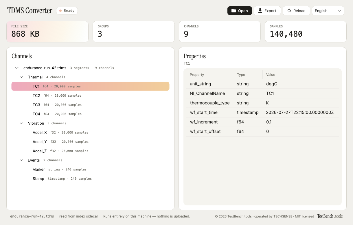 TDMS Converter — desktop app screenshot